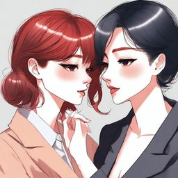 A couple of women in love, one with red hair wearing a suit, and the other with black hair and pale skin