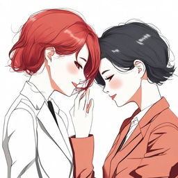 A couple of women in love, one with red hair wearing a suit, and the other with black hair and pale skin