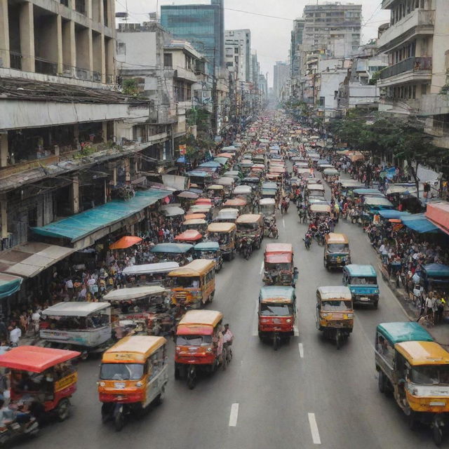 A bustling street scene in Manila, Philippines filled with tricycles, jeepneys, pedestrians, and sidewalk vendors.