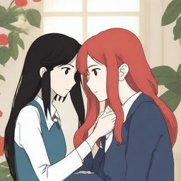 A couple of women in love, one with red hair wearing a suit, and the other with black hair and pale skin