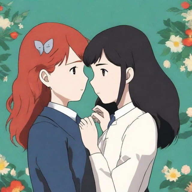 A couple of women in love, one with red hair wearing a suit, and the other with black hair and pale skin