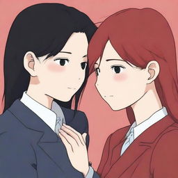 A couple of women in love, one with red hair wearing a suit, and the other with black hair and pale skin