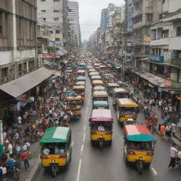 A bustling street scene in Manila, Philippines filled with tricycles, jeepneys, pedestrians, and sidewalk vendors.