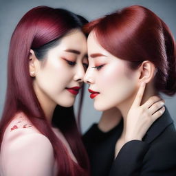 A couple of women in love, both around 35 years old and without Asian features