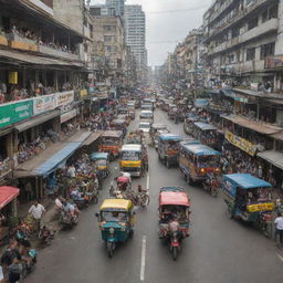 A bustling street scene in Manila, Philippines filled with tricycles, jeepneys, pedestrians, and sidewalk vendors.