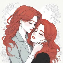 A fanfic cover illustration featuring a couple of women deeply in love, both around 35 years old