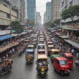 A bustling street scene in Manila, Philippines filled with tricycles, jeepneys, pedestrians, and sidewalk vendors.