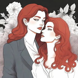 A fanfic cover illustration featuring a couple of lesbian women deeply in love, both around 35 years old