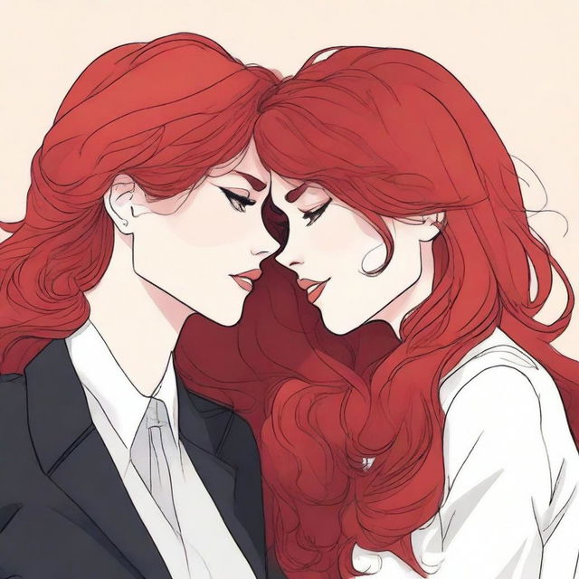 A fanfic cover illustration featuring a couple of lesbian women deeply in love, both around 35 years old