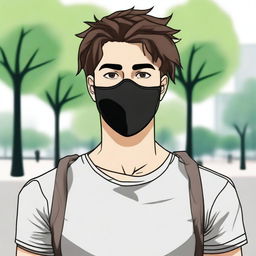 Create an image of a young man with brown hair wearing a black mask that covers the lower half of his face