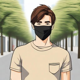 Create an image of a young man with brown hair wearing a black mask that covers the lower half of his face