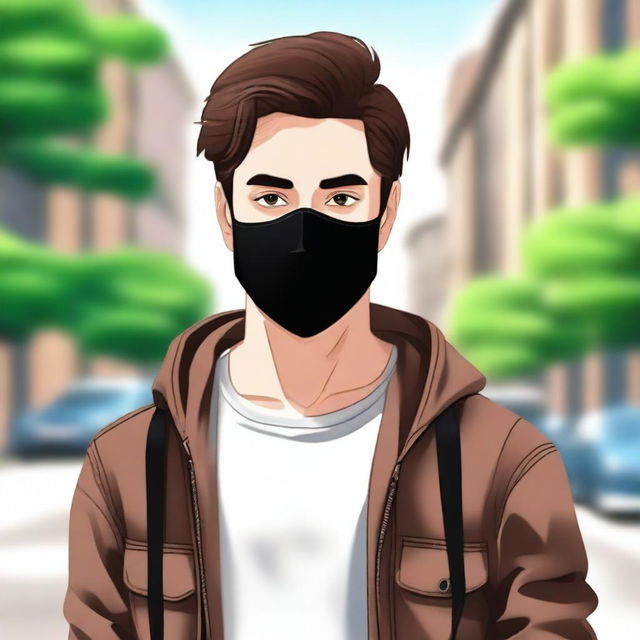 Create an image of a young man with brown hair wearing a black mask that covers the lower half of his face