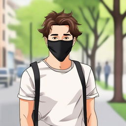 Create an image of a young man with brown hair wearing a black mask that covers the lower half of his face