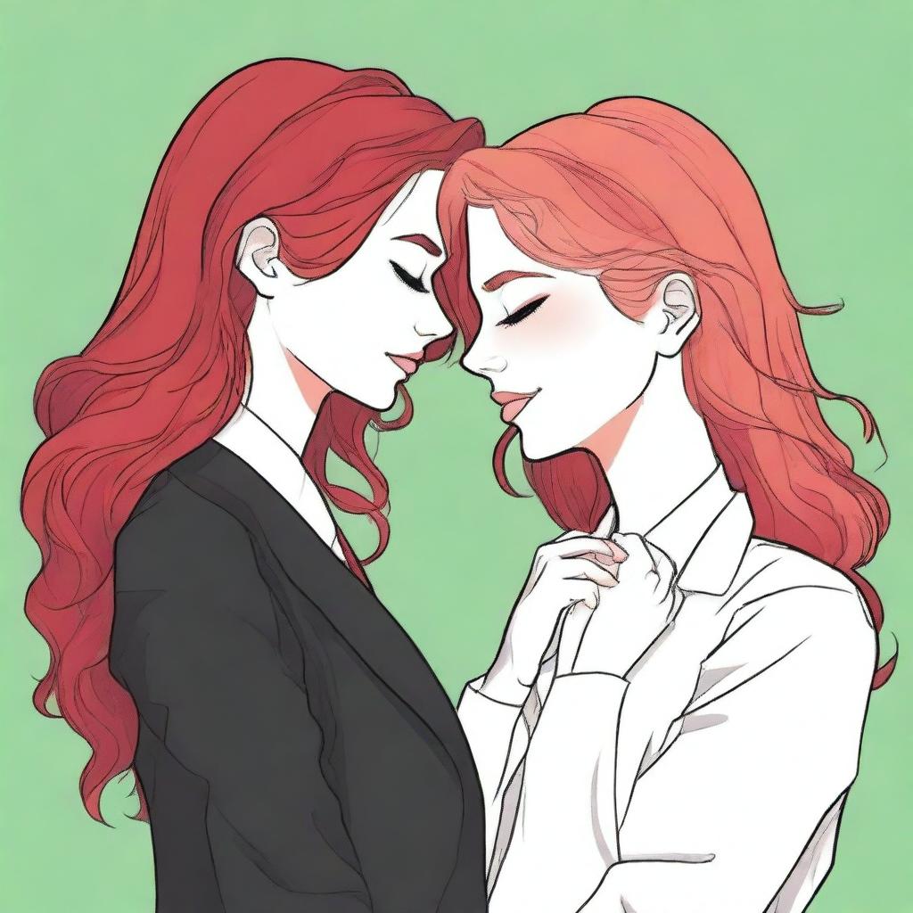 A fanfic cover illustration featuring a couple of lesbian women deeply in love, both around 35 years old