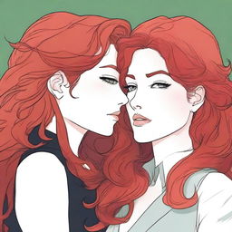 A fanfic cover illustration featuring a couple of lesbian women deeply in love, both around 35 years old