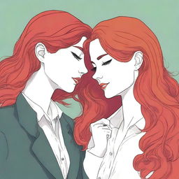 A fanfic cover illustration featuring a couple of lesbian women deeply in love, both around 35 years old