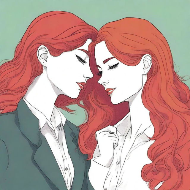 A fanfic cover illustration featuring a couple of lesbian women deeply in love, both around 35 years old