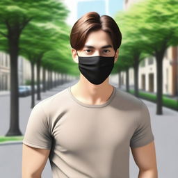 Create a realistic image of a young man with brown hair wearing a black mask that covers the lower half of his face