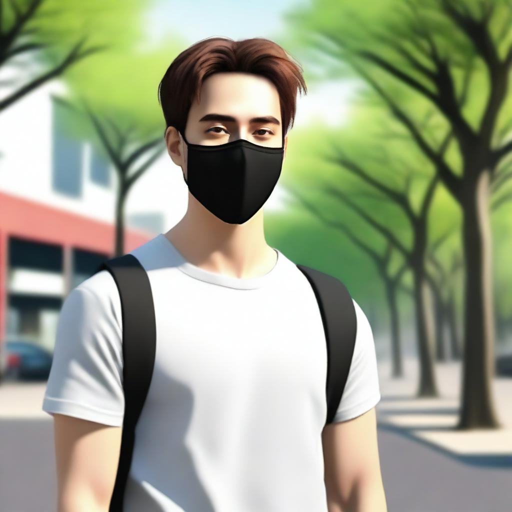 Create a realistic image of a young man with brown hair wearing a black mask that covers the lower half of his face