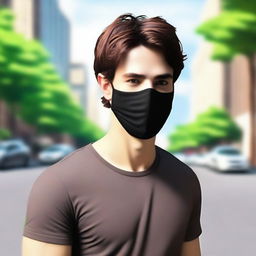 Create a realistic image of a young man with brown hair wearing a black mask that covers the lower half of his face