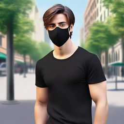 Create a realistic image of a young man with brown hair wearing a black mask that covers the lower half of his face