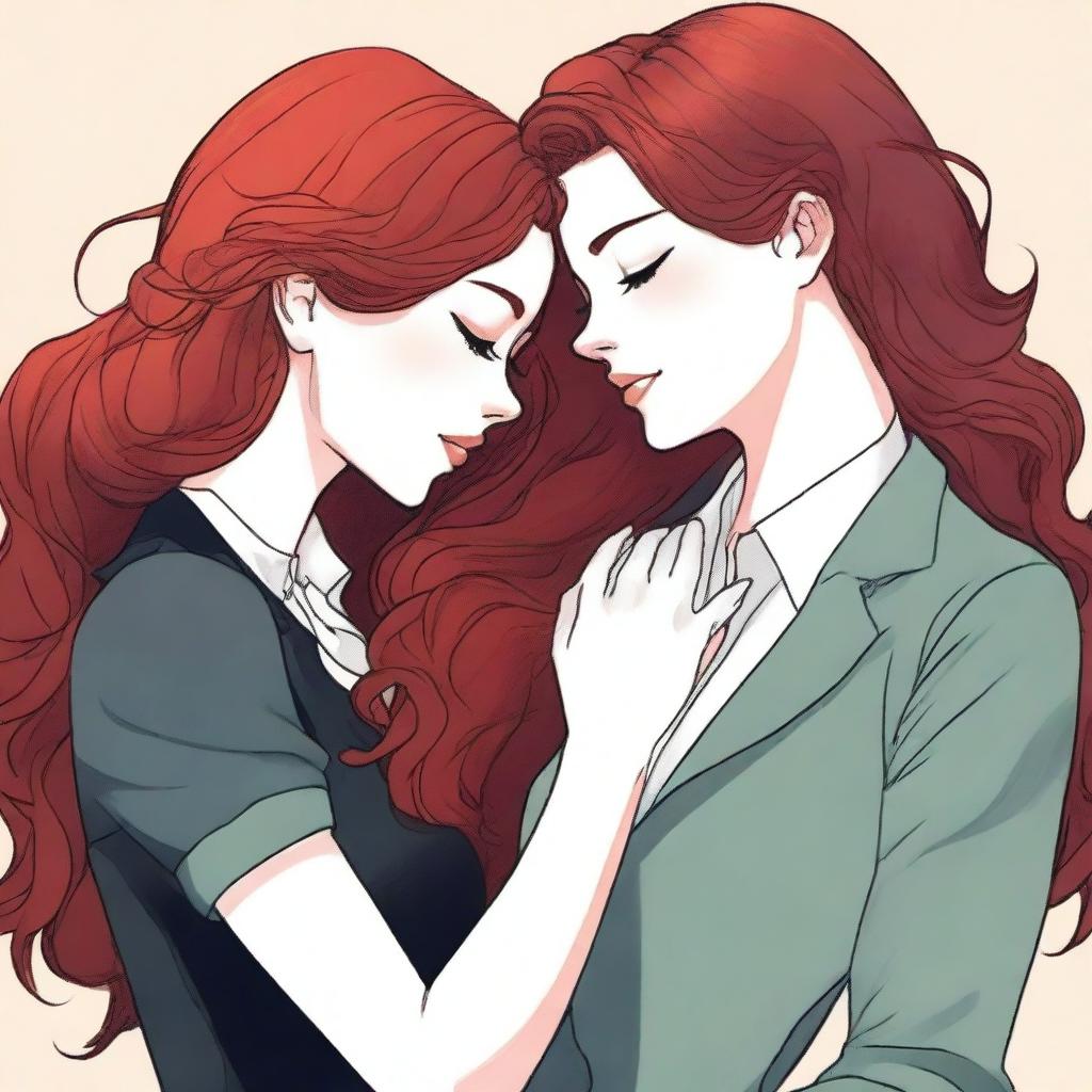 A fanfic cover illustration featuring a couple of lesbian women deeply in love, both around 35 years old