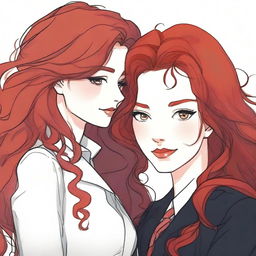 A fanfic cover illustration featuring a couple of lesbian women deeply in love, both around 35 years old