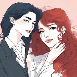 A fanfic cover illustration featuring a couple of lesbian women deeply in love, both around 35 years old