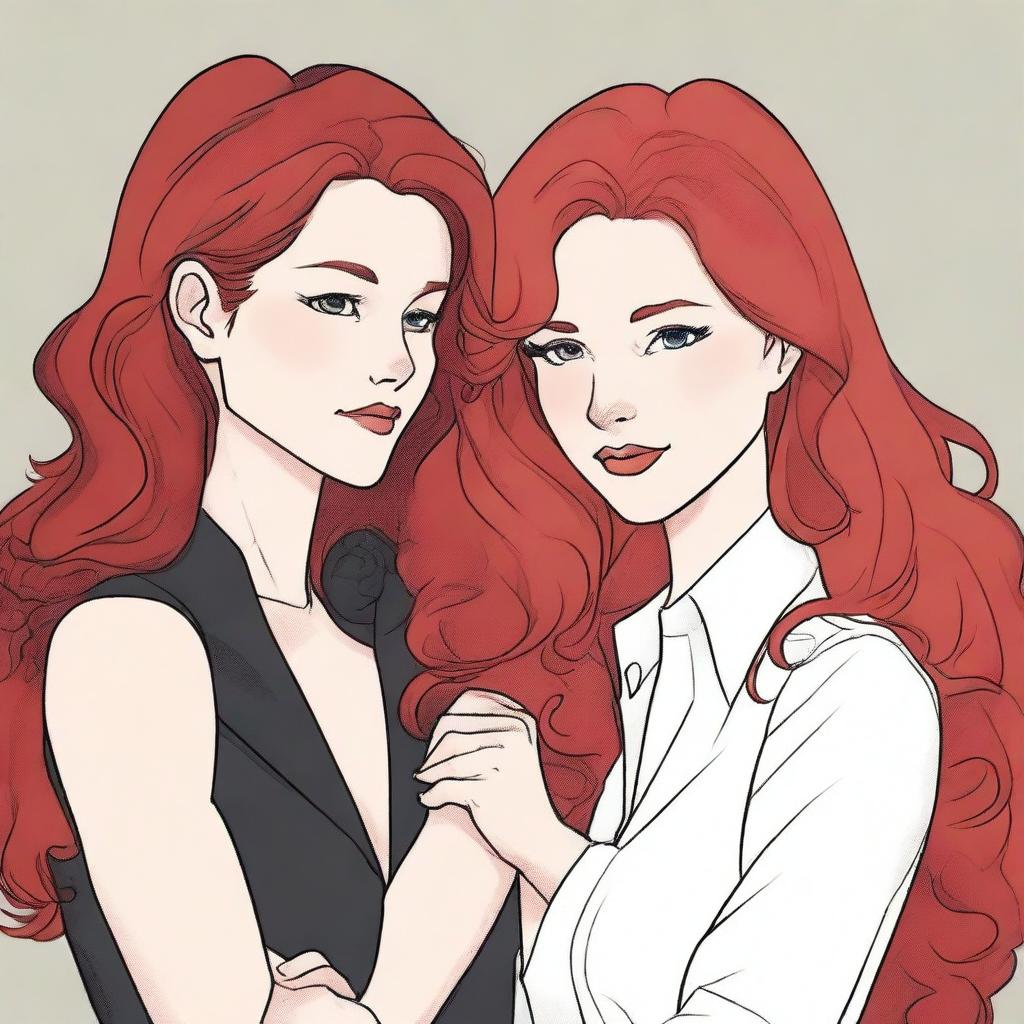 A fanfic cover illustration featuring a couple of lesbian women deeply in love, both around 35 years old