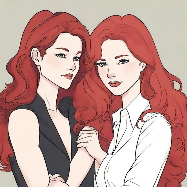 A fanfic cover illustration featuring a couple of lesbian women deeply in love, both around 35 years old