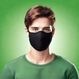 Create a realistic image of a young man with brown hair wearing a black mask that covers the lower half of his face