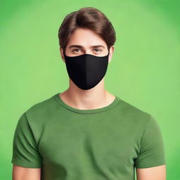 Create a realistic image of a young man with brown hair wearing a black mask that covers the lower half of his face