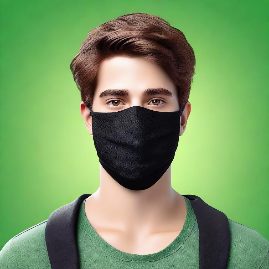 Create a realistic image of a young man with brown hair wearing a black mask that covers the lower half of his face