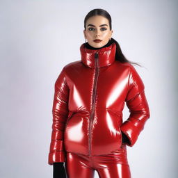 A visually striking image of a woman wearing a black puffer jacket and red latex leggings