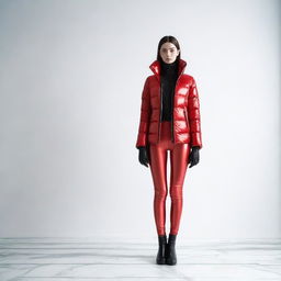 A visually striking image of a woman wearing a black puffer jacket and red latex leggings