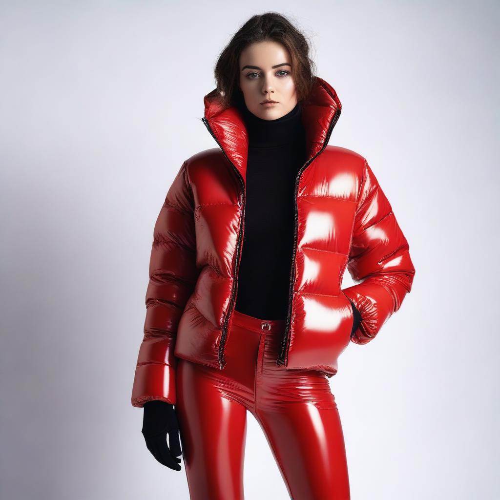 A visually striking image of a woman wearing a black puffer jacket and red latex leggings