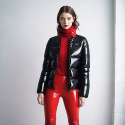 A visually striking image of a woman wearing a black puffer jacket and red latex leggings