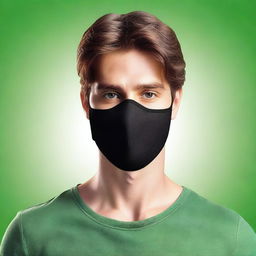 Create a realistic image of a handsome young man with brown hair wearing a black mask that covers the lower half of his face