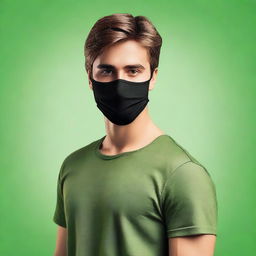 Create a realistic image of a handsome young man with brown hair wearing a black mask that covers the lower half of his face