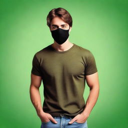 Create a realistic image of a handsome young man with brown hair wearing a black mask that covers the lower half of his face