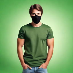 Create a realistic image of a handsome young man with brown hair wearing a black mask that covers the lower half of his face