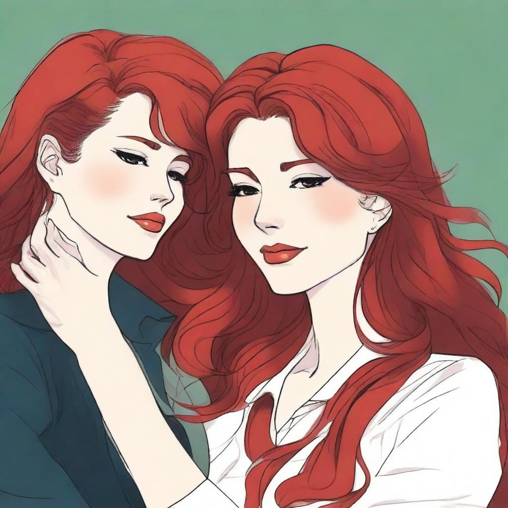 A fanfic cover illustration featuring a couple of lesbian women deeply in love, both around 35 years old