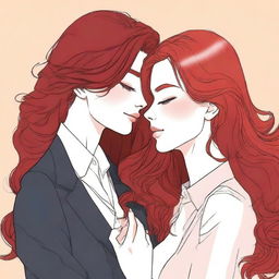 A fanfic cover illustration featuring a couple of lesbian women deeply in love, both around 35 years old