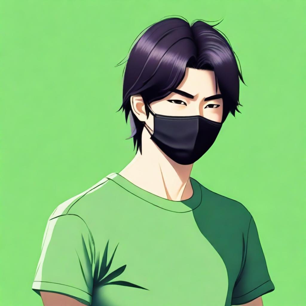 Create a realistic image of a handsome Japanese man with black hair wearing a black mask that covers the lower half of his face