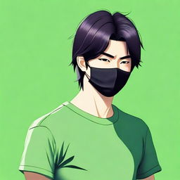 Create a realistic image of a handsome Japanese man with black hair wearing a black mask that covers the lower half of his face