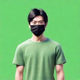 Create a realistic image of a handsome Japanese man with black hair wearing a black mask that covers the lower half of his face