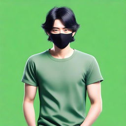 Create a realistic image of a handsome Japanese man with black hair wearing a black mask that covers the lower half of his face