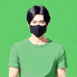 Create a realistic image of a handsome Japanese man with black hair wearing a black mask that covers the lower half of his face