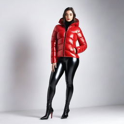 A visually striking image of a woman with a curvy figure, wearing a tight, closed black puffer jacket and red latex leggings