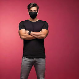 Create a realistic image of a young man with brown hair wearing a black mask that covers the lower half of his face